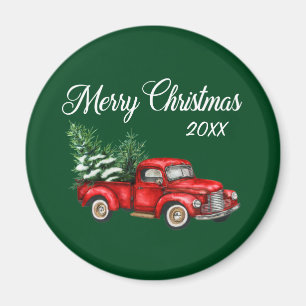 Aimant Joyeux Noël Arbre Date Vintage Camion Rouge Vert