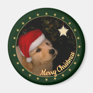 Aimant "Joyeux Noël" Chiot avec chapeau de Père Noël