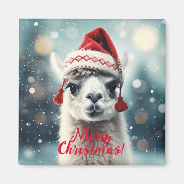Aimant Joyeux Noël Funky Mignonne Lllama Alpaca Santa Hat (Devant)
