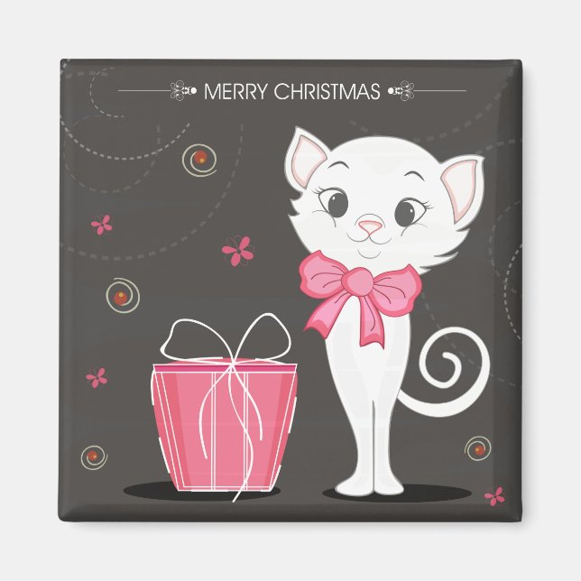 Aimant Joyeux Noël Joli Kitty blanc en rose (Devant)