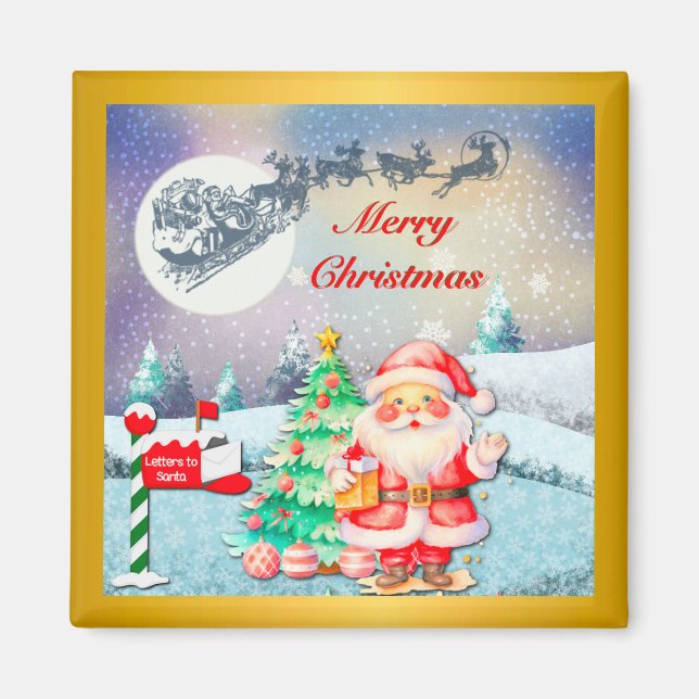 Aimant Joyeux Noël Père Noël, Sleigh, Reindeer, Snowflake (Devant)
