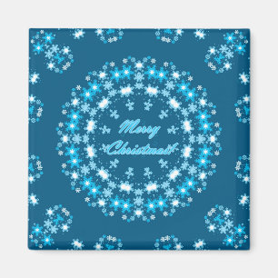 Aimant Joyeux Noël rond flocon de neige hiver blanc bleu