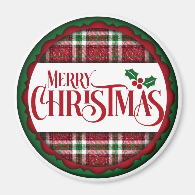 Aimant Joyeux Noël rouge et vert plaid (Devant)