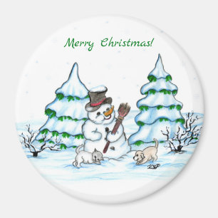 Aimant Joyeux Noël ! Snowman avec chat et chiot