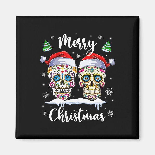 Aimant Joyeux Noël Sugar Crâne Santa Chapeau Famille Noël (Devant)