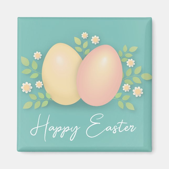 Aimant Joyeux oeufs de Pâques et fleurs bleu doux rose (Devant)