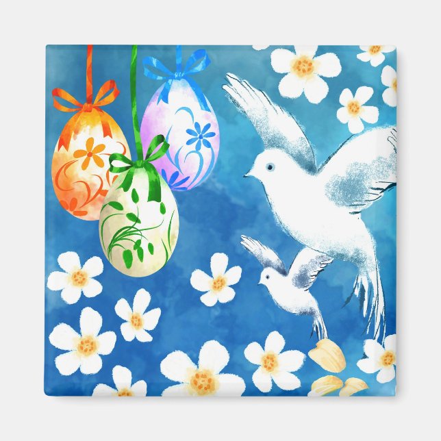 Aimant Joyeux Pâques. Aquarelle OEufs de Pâques et colomb (Devant)