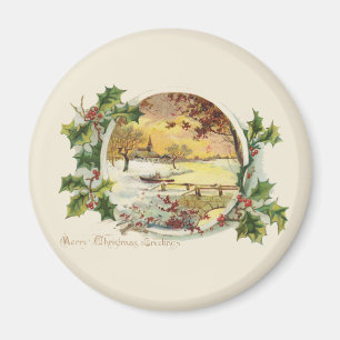 Aimant Joyeux voeux de Noël Scène Village Vintage
