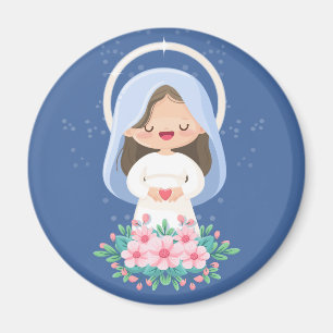 Aimant Kawaii Vierge Marie avec cœur et fleurs – Bleu mar
