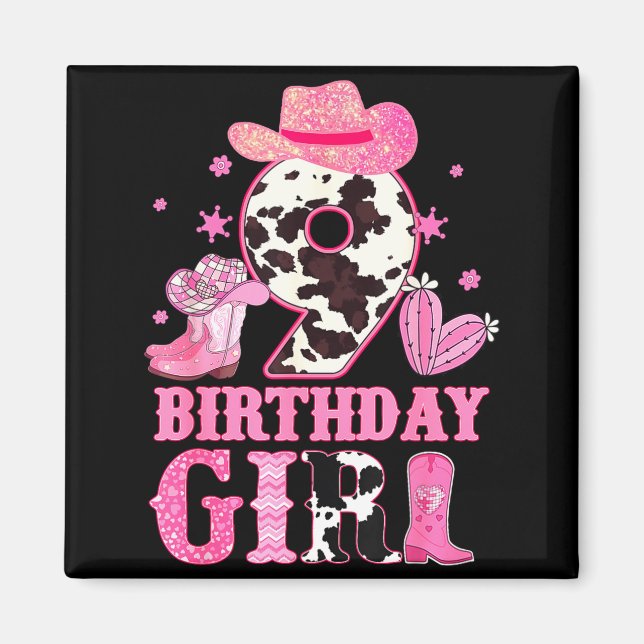 Aimant Kids 9th Birthday Girl Rodeo Western Cowgirl Birth (Devant)