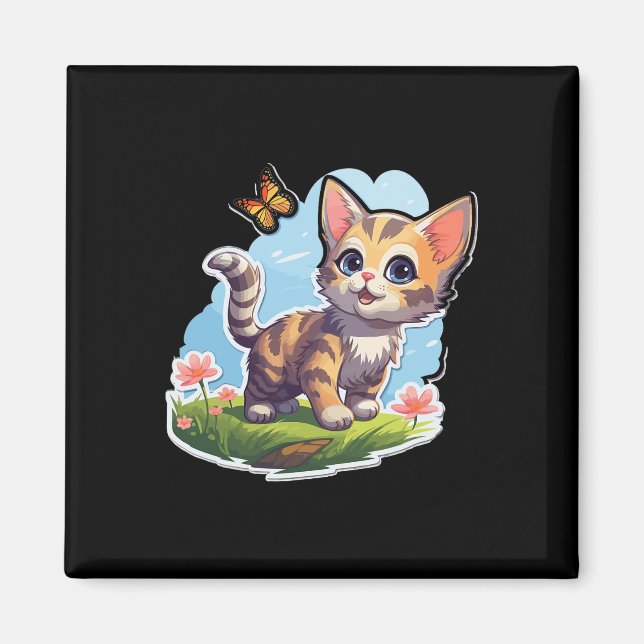 Aimant Kitten Aux Yeux Bleus Et Papillon Parfait Été (Devant)