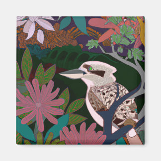 Aimant Kookaburra Plantes d'oiseaux tropicaux peinture fl