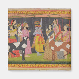 Aimant Krishna levant le mont Govardhana, de la 'Bhagav