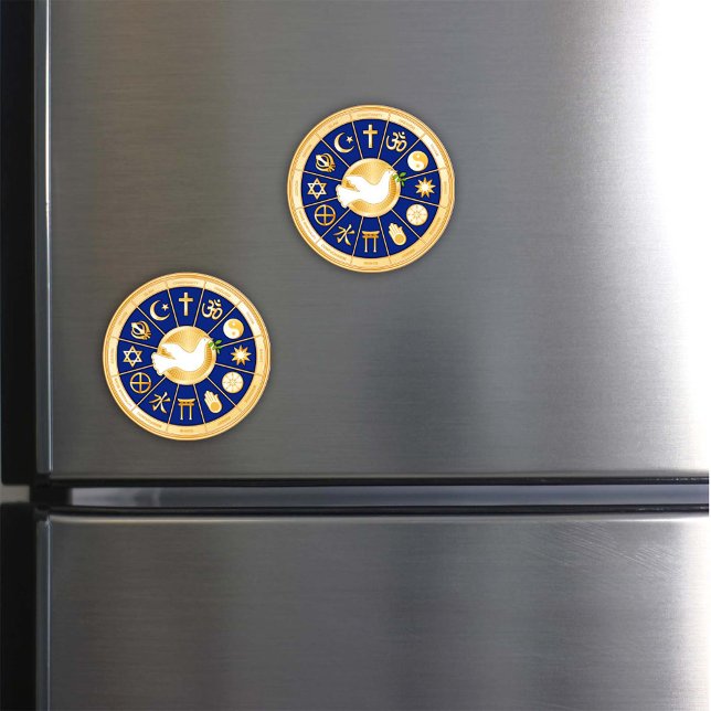 Aimant La colombe de la paix (Dove of Peace. Add an inspirational magnet featuring gold icons of world faiths.)