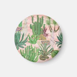 Aimant Lamas aquarelle et motif cactus.