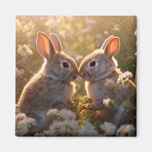 Aimant Lapins Adorables dans la Prairie de Printemps Desi