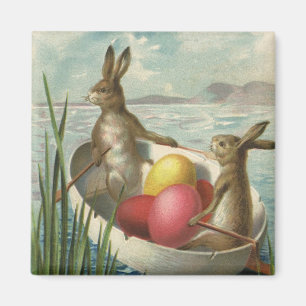 Aimant Lapins vintage dans un bateau, salutations de Pâqu