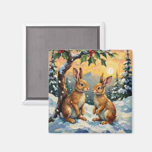 Aimant Lapins Vintage sous l'Arbre de Houx Noël