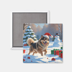 Aimant Lapphund finnois courant dans la neige avec un cha