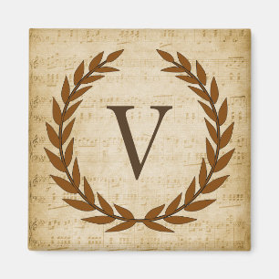 Aimant Laurel Wreath Sheet Musique Monogramme initial V