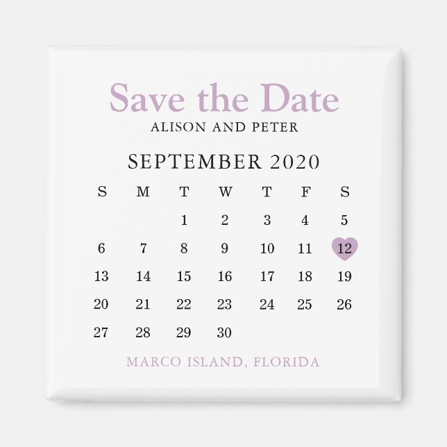 Aimant Lavender Heart Calendar Wedding Enregistrer la dat (Devant)