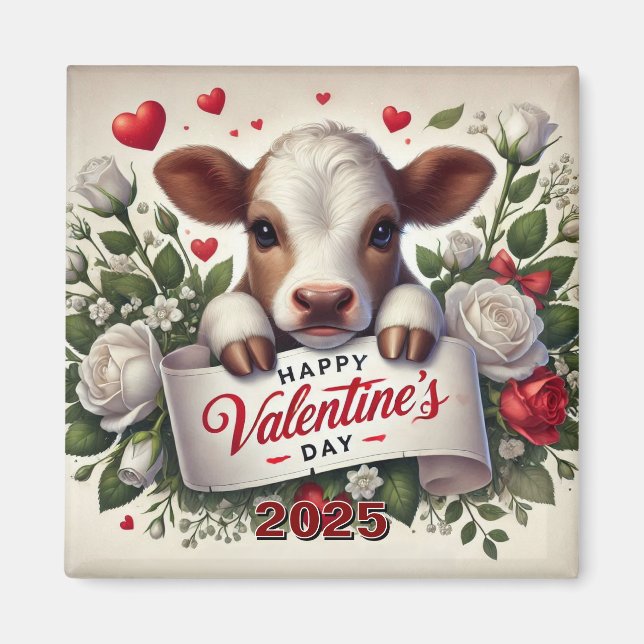 Aimant Le veau de Saint Valentin avec arrangement floral (Devant)