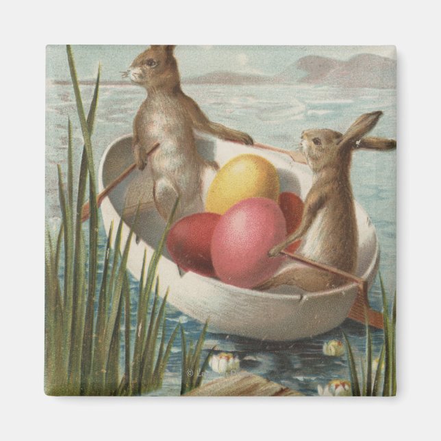 Aimant Les lapins de Pâques dans un bateau avec des oeufs (Devant)