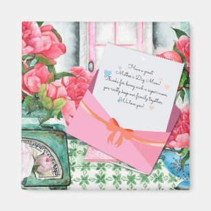 AIMANT LETTRE FLEURIE ROSSE ENVELOE FÊTE DES MÈRES
