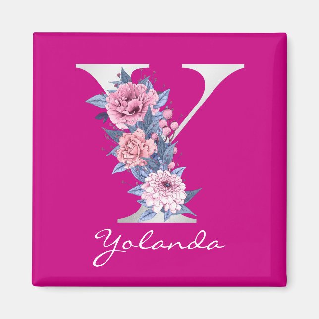 Aimant Lettre Y Magenta Floral Blanc Monogramme métalliqu (Devant)