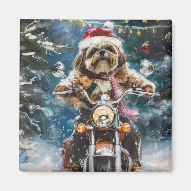 Aimant Lhasa Apso Chien à cheval Moto Noël (Devant)