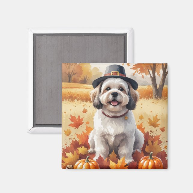 Aimant Lhassa Apso En Automne Laisse L'Art Thanksgiving (Recto/Verso)