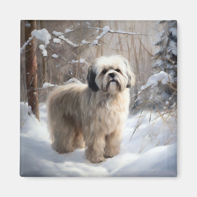 Aimant Lhassa Apso Laisse Neige Noël (Devant)