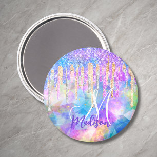 Aimant Licorne aqua bleue chic dégoulinant de monogramme