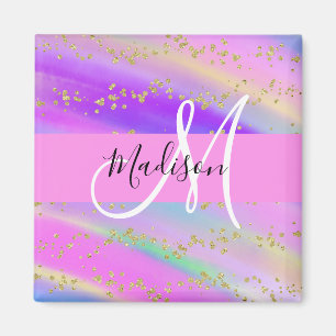 Aimant Licorne Arc-en-Ciel Doré Paillettes Monogramme Col
