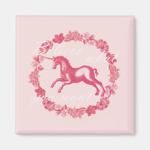 Aimant Licorne rose et fleurs