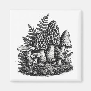 Aimant Linogravure de champignons forestiers vintage