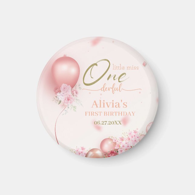 Aimant Little Miss ONE derful rose Floral 1er anniversair (Devant)