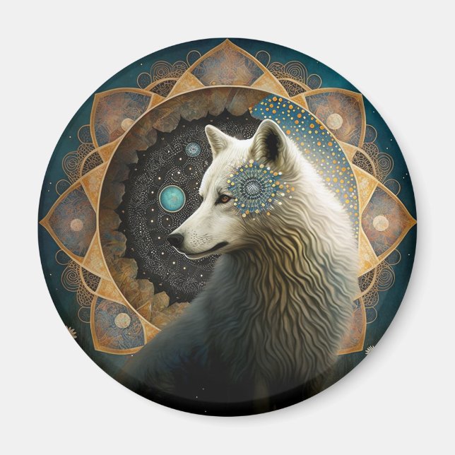 Aimant Loup blanc Mandala (Devant)