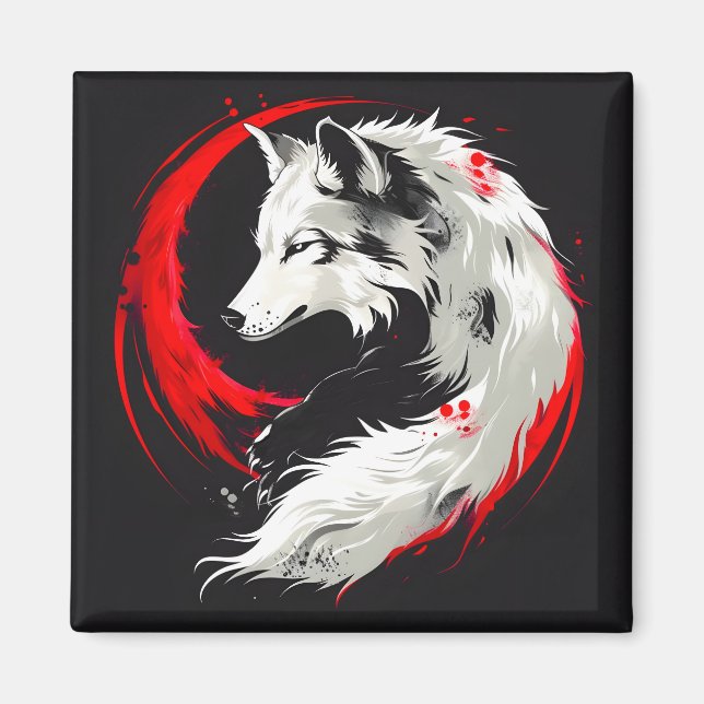 Aimant Loup blanc rouge lunaire (Devant)