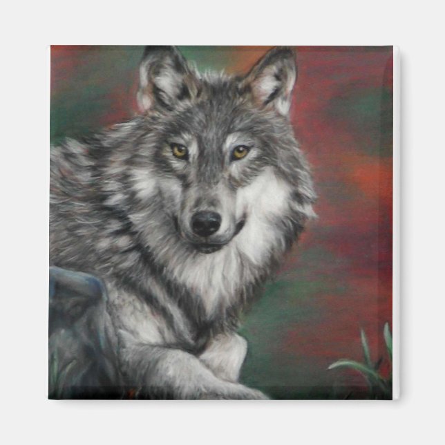 Aimant Loup de bois dans les bois d'automne se reposant (Devant)