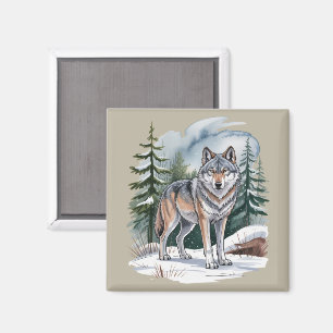 Aimant Loup d'hiver rétro aquarelle 90's nature sauvage