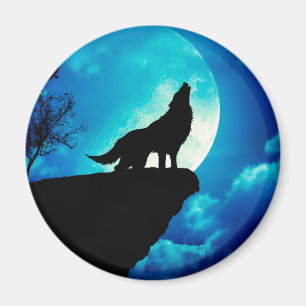 Aimant Loup en silhouette hurlant à la pleine lune