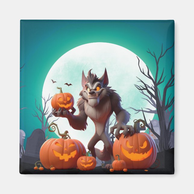 Aimant Loup-garou d'Halloween et citrouilles (Devant)
