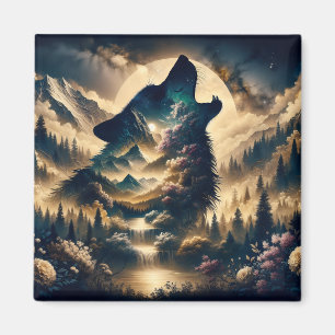 Aimant Loup hurlant sur la lune une nuit nuageuse