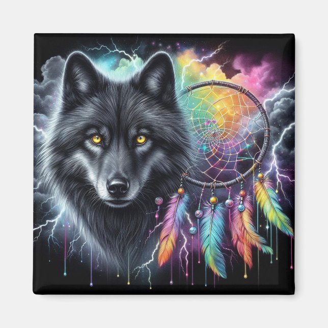 Aimant Loup noir avec un catcheur de rêves (Devant)