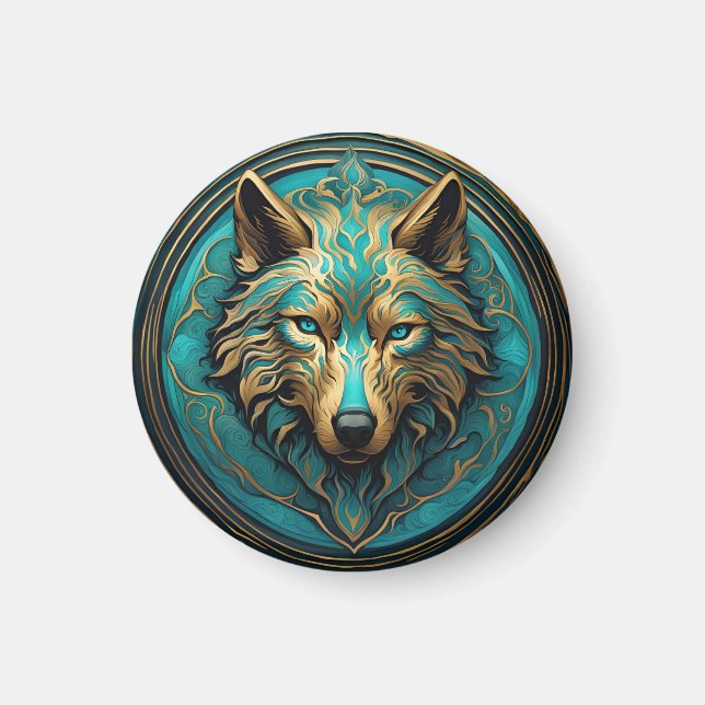 Aimant Loup Turquoise et Or (Devant)