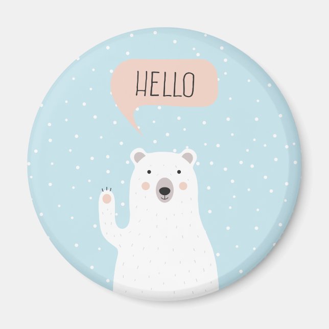Aimant L'ours polaire mignon dans la neige dit Bonjour (Devant)