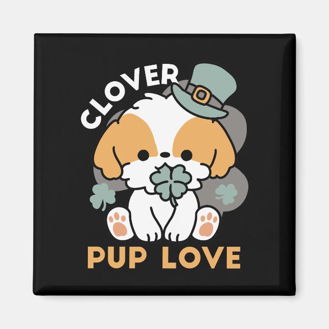 Aimant Lucky Pup with Clover - St. Patrick's Day Cadeau (Devant)