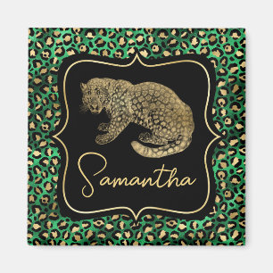 Aimant Luxueux imprimé léopard vert monogramme animal or