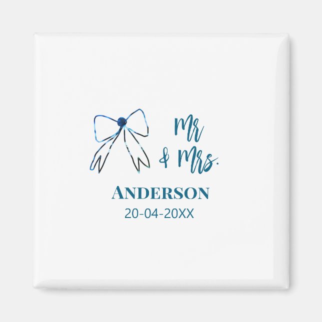 Aimant M. & Mme ajouter nom date mariage faveur arc bleu  (Devant)